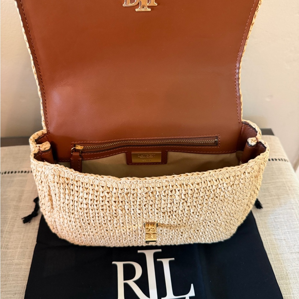Ralph Lauren Natural Straw Shoulder Bag with Gold Chain - Picture 10 of 14